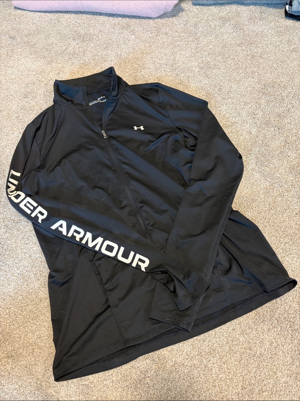 Under Armour Black Full Zip Performance Pullover with White Sleeve Branding
